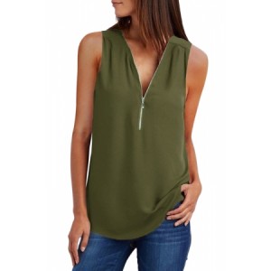 Green Zip Neckline Sleeveless Shirt Tank